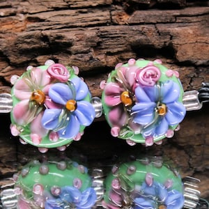 Lampwork Glass Pair Lentil Green Blue Pink Floral