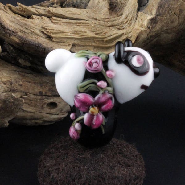 Lampwork Glass Panda Bear Focal White Black Pink
