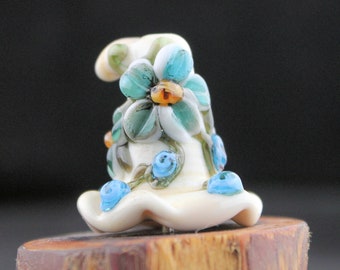 Lampwork Glass Floral Focal Witch Hat Aqua Blue