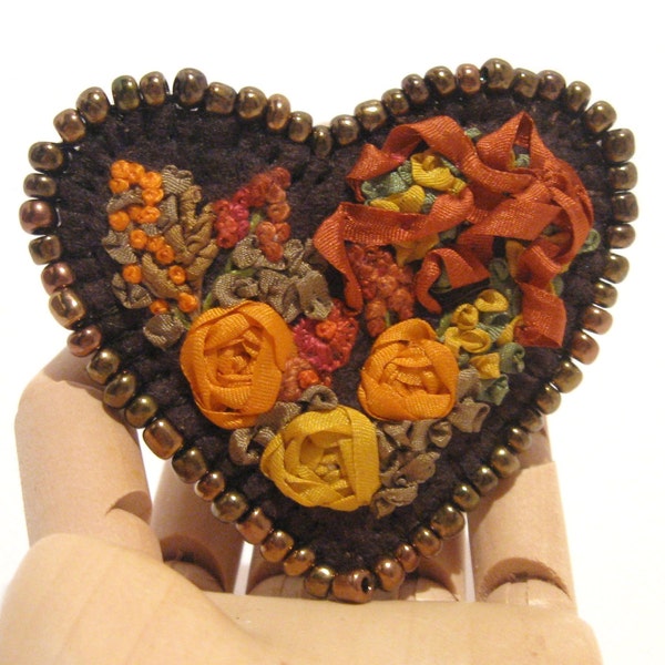 Autumn Brooch, Silk Ribbon Embroidery