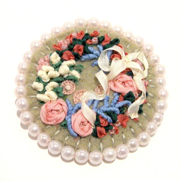 Floral Wreath  Brooch, Silk Ribbon Embroidery