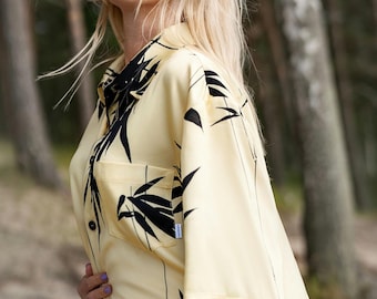 Viscose Satin Button-Up Shirt: Unisex Yellow Blouse
