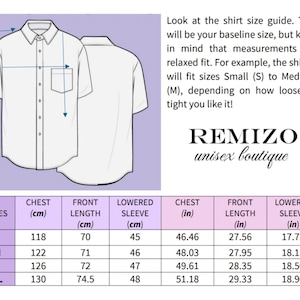 May include: Size chart for a unisex shirt with measurements in inches and centimeters. The chart shows chest, front length, and lowered sleeve measurements for sizes S, M, L, and XL.