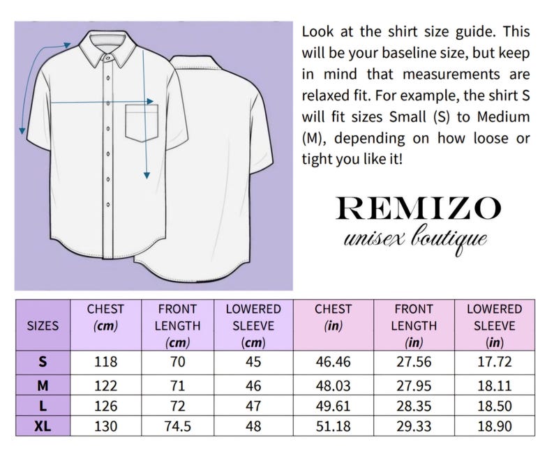 May include: Size chart for a unisex shirt with measurements in inches and centimeters. The chart shows chest, front length, and lowered sleeve measurements for sizes S, M, L, and XL.