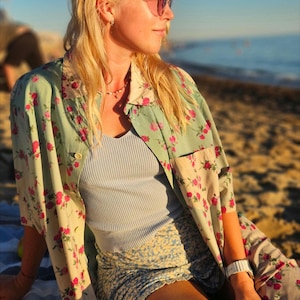 Floral Silk Shirt, Unisex Button Up, Tropical Print Blouse, Business Casual, Men's Women's, Vacation Summer Top image 1