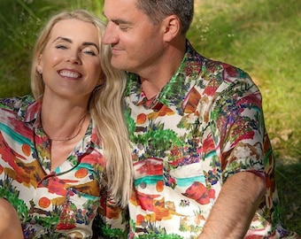 Satin Viscose Button-Down Shirt: Nature Print Festival Shirt
