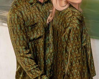 Satin Viscose Shirt: Abstract Green Print Button-Up Blouse