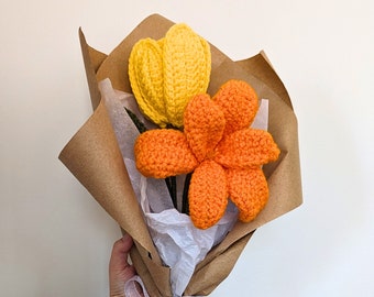 Crochet Tulip Flower Bouquet | Mother's day gift, crochet flowers, crochet tulip, open and closed tulips, cute handmade gift, gifts for mom