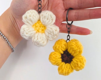 Crochet Puffy Flower Keychain Charm | Daisy, Sunflower, bag charm accessory, purse charm accessory, cute handmade accessory, spring gift