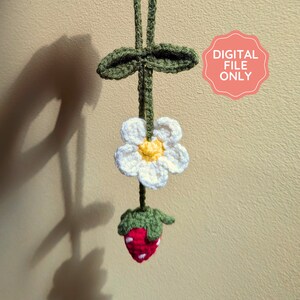 DIGITAL PATTERN | Crochet Strawberry Car Mirror Hanger, Summer Fruit Charm, cute crochet pattern tutorial, PDF file with assembly images