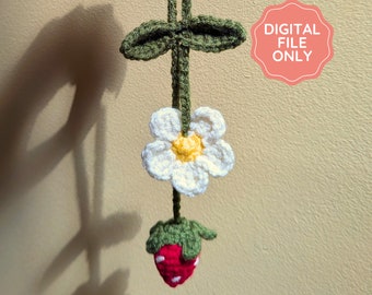 DIGITAAL PATROON | Gehaakte autospiegelhanger aardbei, bedel zomerfruit, schattig haakpatroontutorial, pdf-bestand met montageafbeeldingen