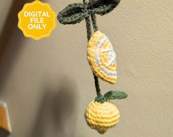 DIGITAAL PATROON | Gehaakte autospiegelhanger citroen, bedel zomerfruit, schattig haakpatroontutorial, pdf-bestand met montageafbeeldingen