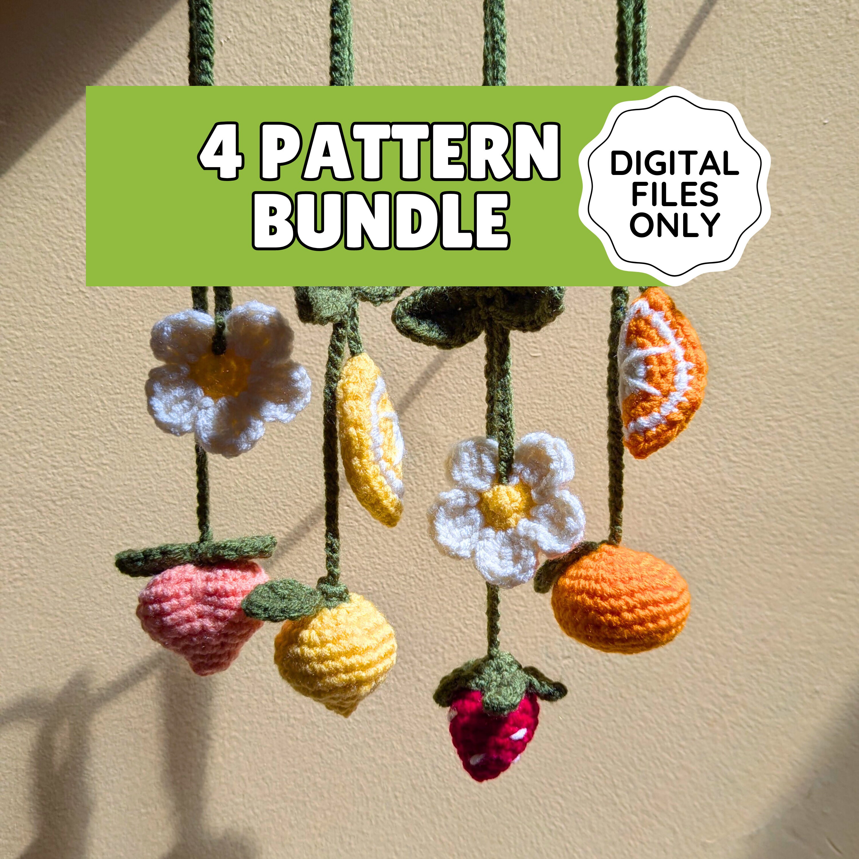 DIGITAL PATTERN | 4 Pattern Bundle: Crochet Fruit Car Mirror Hanger, Strawberry, Peach, Orange, Lemon, PDF file tutorial with images