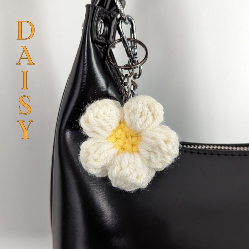 Handmade crochet puffy flower daisy keychain, bag charms, purse accessories