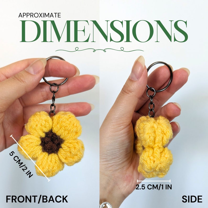 Dimensions listed for the handmade crochet puffy flower keychain, bag charms, purse accessories