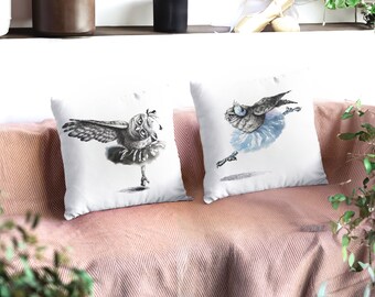 Owl dancing pillows, Ballet owl pillows, Dance-themed owl pillow, Owl ballet pillow, Dancing owl artwork, Owl cushion set, Ballet home decor