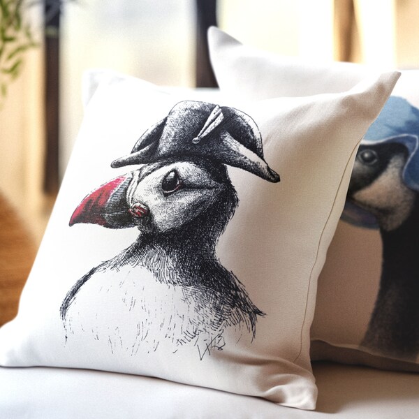 Bird pillow Bundle, Hand Drawn Puffin, Canadian Goose, Puffin and goose pillows, Animal pillow bundle, Wildlife pillow set, Bird artwork