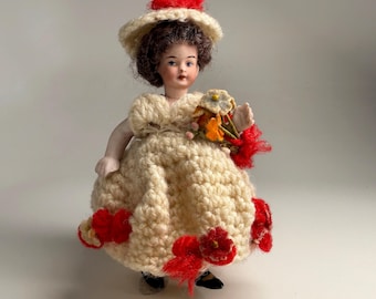 Antique Side Glancing Swivel Neck All Bisque Doll In Outfit With Hat & Flower Bouquet