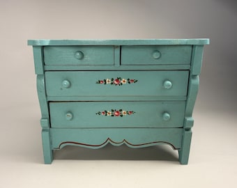 Antieke Tynietoy handgeschilderde ladekast met vier lades - blauw met rozen