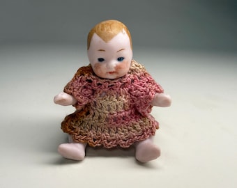 Antique Hertwig All Bisque Candy Baby Doll In Pretty Pink Dress