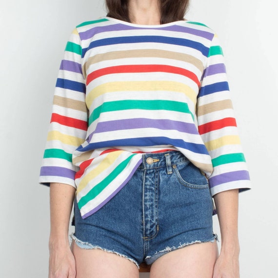 Vintage 70s / 80s Rainbow Stripe Knit Tee M/L - image 3