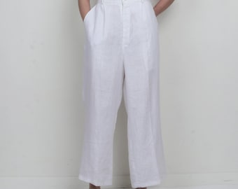 Pantalón vintage 100% lino blanco plisado XL