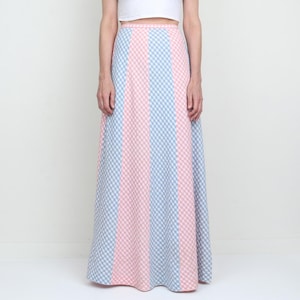 Vintage 1970s Stripe Gingham Maxi Skirt S