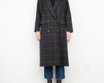 Vintage Plaid Wool Charcoal Gray Tailored Long Double Breasted Duster Coat M
