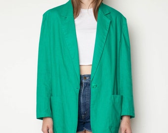 Vintage 90s Grass Green Linen / Cotton Oversize Blazer L