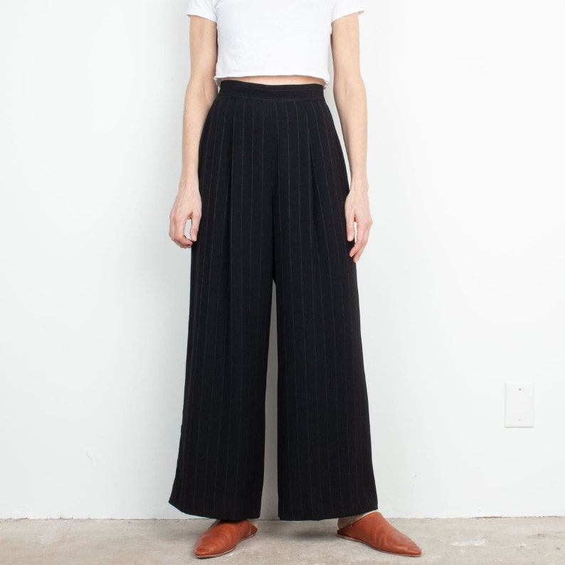 Vintage 90s Black Pinstripe Wide Leg Pant Size M image 1