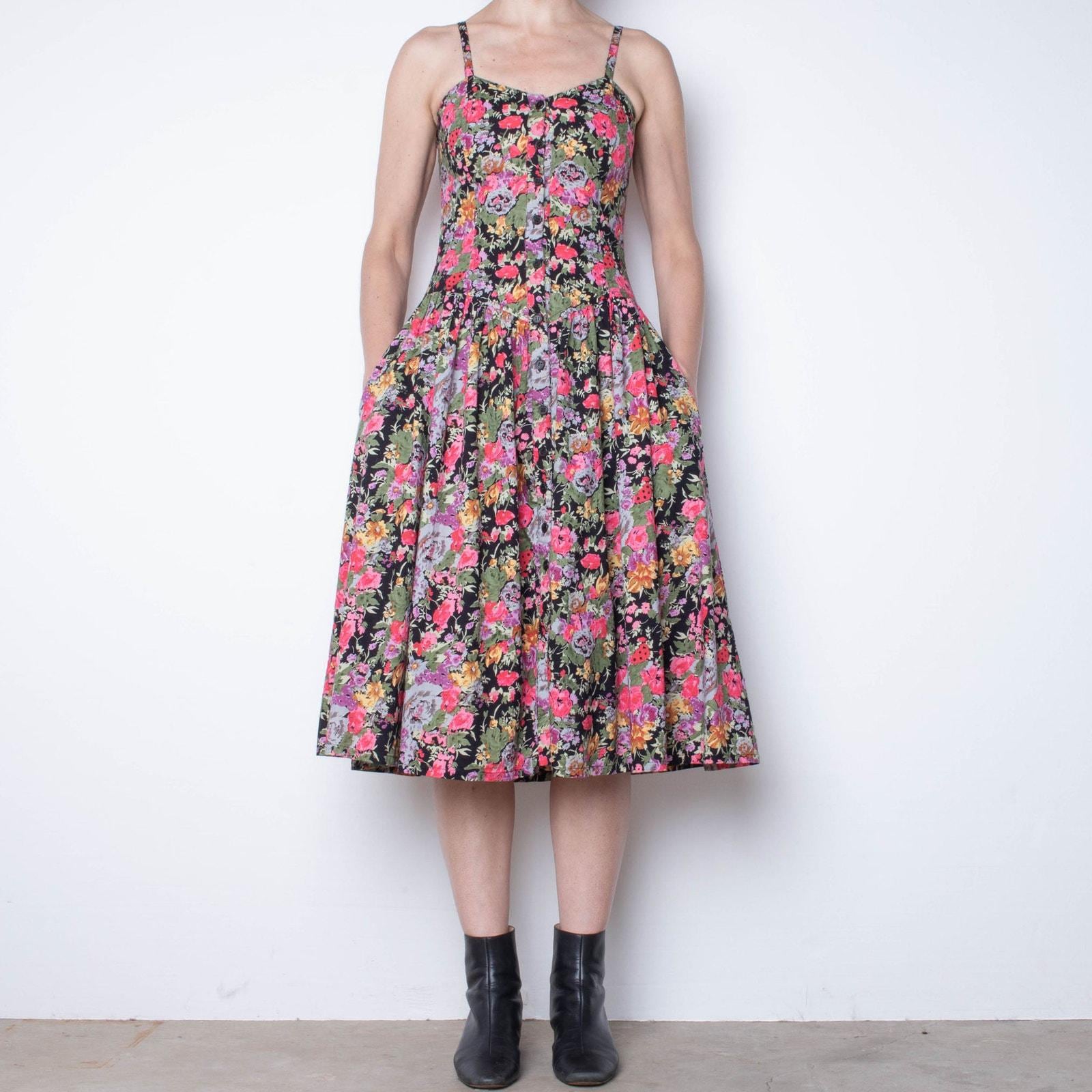 Vintage 1980s Floral Cotton Midi Tank Sundress XS