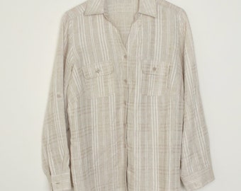 Natural Linen Tonal Plaid Button Down Shirt Size L