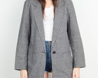 Vintage 90s Micro Plaid Ramie/Cotton Long Blazer Size S