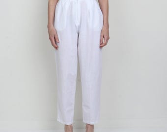 Vintage 80er Jahre ET AL Weiße Baumwoll/Leinen High Waist Crop Hose S