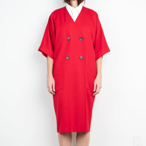 Vintage 80s Red Wool Midi Coat Dress 12 - image 2