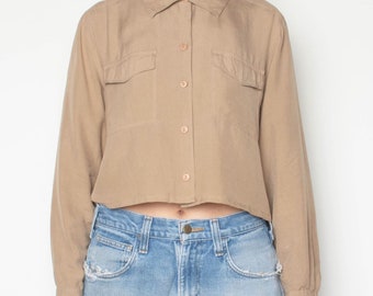 Tan Silk Button Down Crop Blouse L