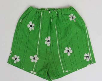 Vintage 1970s Flower Print Cotton Barkcloth Elastic Waist Shorts Size 8/10