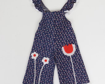Mono infantil acolchado vintage de los años 70 con apliques de flores, talla 3T.