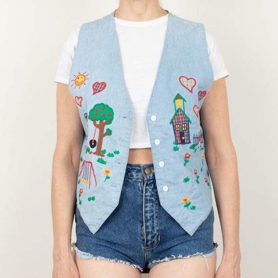Kidcore Chambray Denim Embroidered Vest Size L - image 4