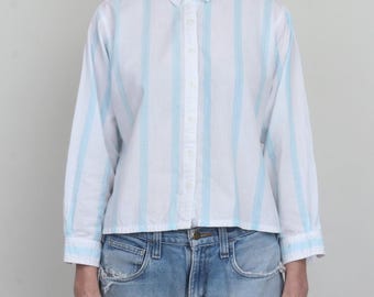 Camiseta corta de algodón a rayas azul y blanco estilo vintage M