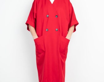 Vintage 80s Red Wool Midi Coat Dress 12