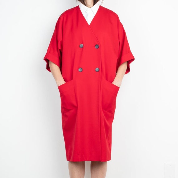 Vintage 80s Red Wool Midi Coat Dress 12 - image 1