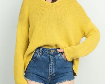 Chartreuse Cotton Knit Boxy Crop Sweater L