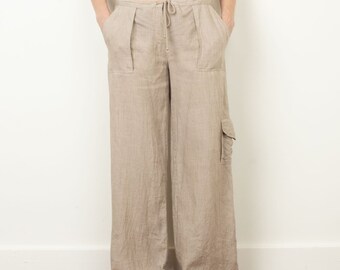 100% Linen Wide Leg Cargo Pant Size M