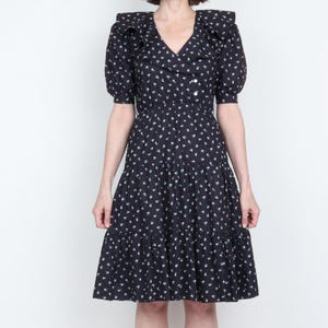 Vintage 1970s Black Floral Cotton Puff Sleeve Midi Dress XS