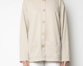 Vintage 1980s Neutral Cotton Jersey Chore Coat Oversize Jacket Shacket M/L