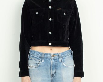 Vintage 90s Black Cotton Velvet Crop Jacket Size S/M