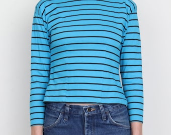 Vintage 1980s Blue Stripe Long Sleeve Cotton T Shirt