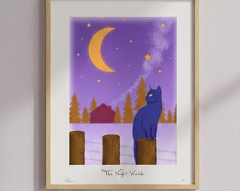 Lámina imprimible de La ronda de noche / Gato bajo la luna / Descarga digital A4 A3 A2