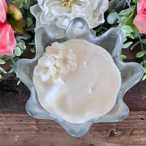 Vintage Blenko 1960&#39;s Manganese Lotus Bowl Scented Candle w/ Plumeria Flower, Natural Soy Candle, Bridal Gift, Gift for Her, Vanilla Candle